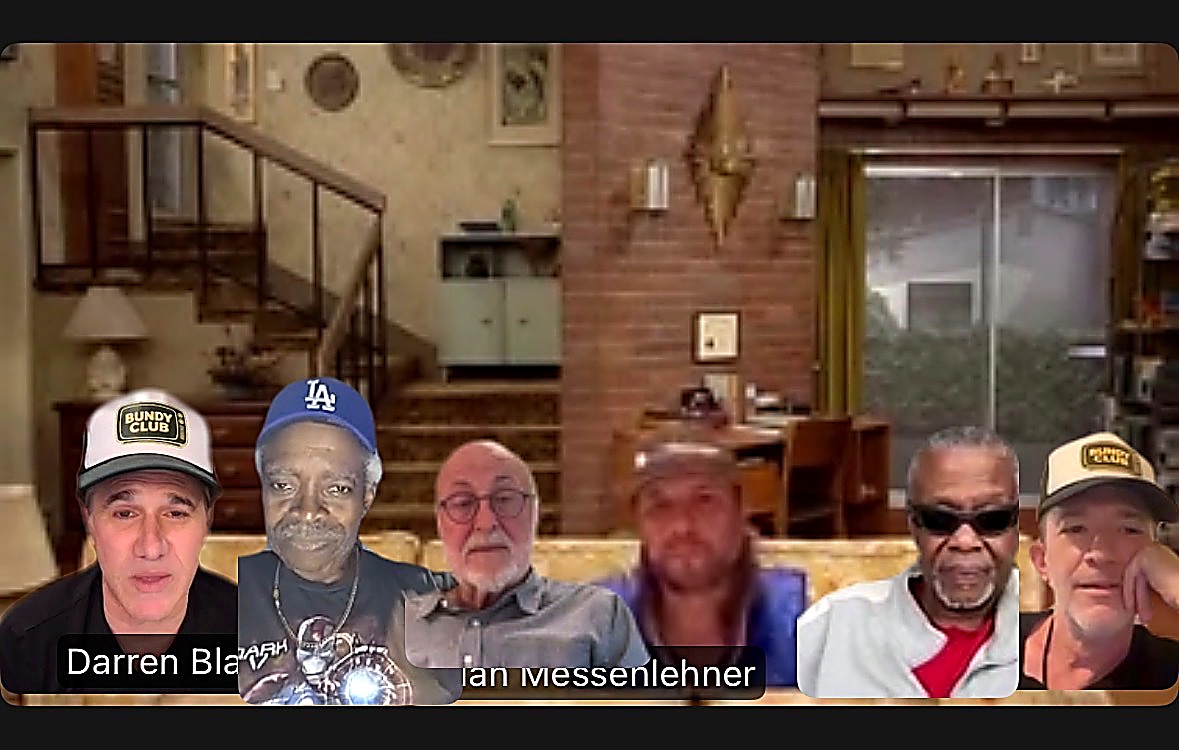 Bundy Club Zoom collage in the Married with Children living room with David Faustino, Darren Blatt, Officer Dan and members for Bundy Breakdown 12 Bud Bundy tribute night with Ben Gleib